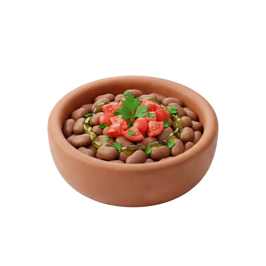 3D render of a clay bowl filled with brown fava beans topped with diced red tomatoes, parsley leaves and a drizzle of olive oil on a black background.