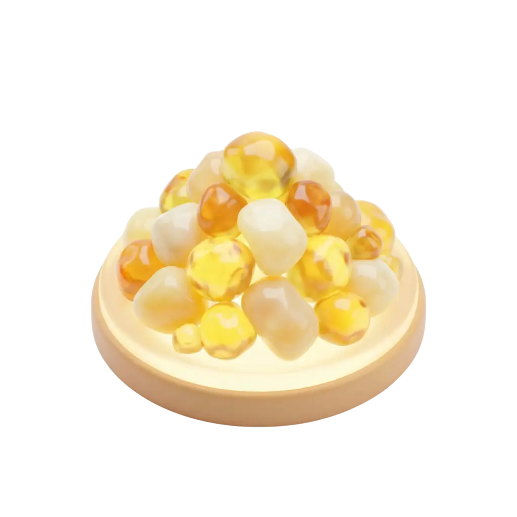 3D render of a pile of frankincense (luban) resin nuggets in glossy translucent amber and creamy off-white tones, arranged on a shallow round dish with a soft glossy finish against a black background.