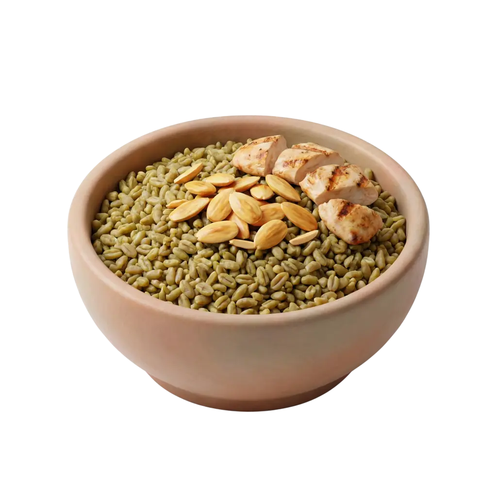 Close-up of a ceramic bowl filled with green freekeh grains topped with blanched almonds and sliced grilled chicken; warm earthy green and beige tones, isolated on a dark/transparent background.