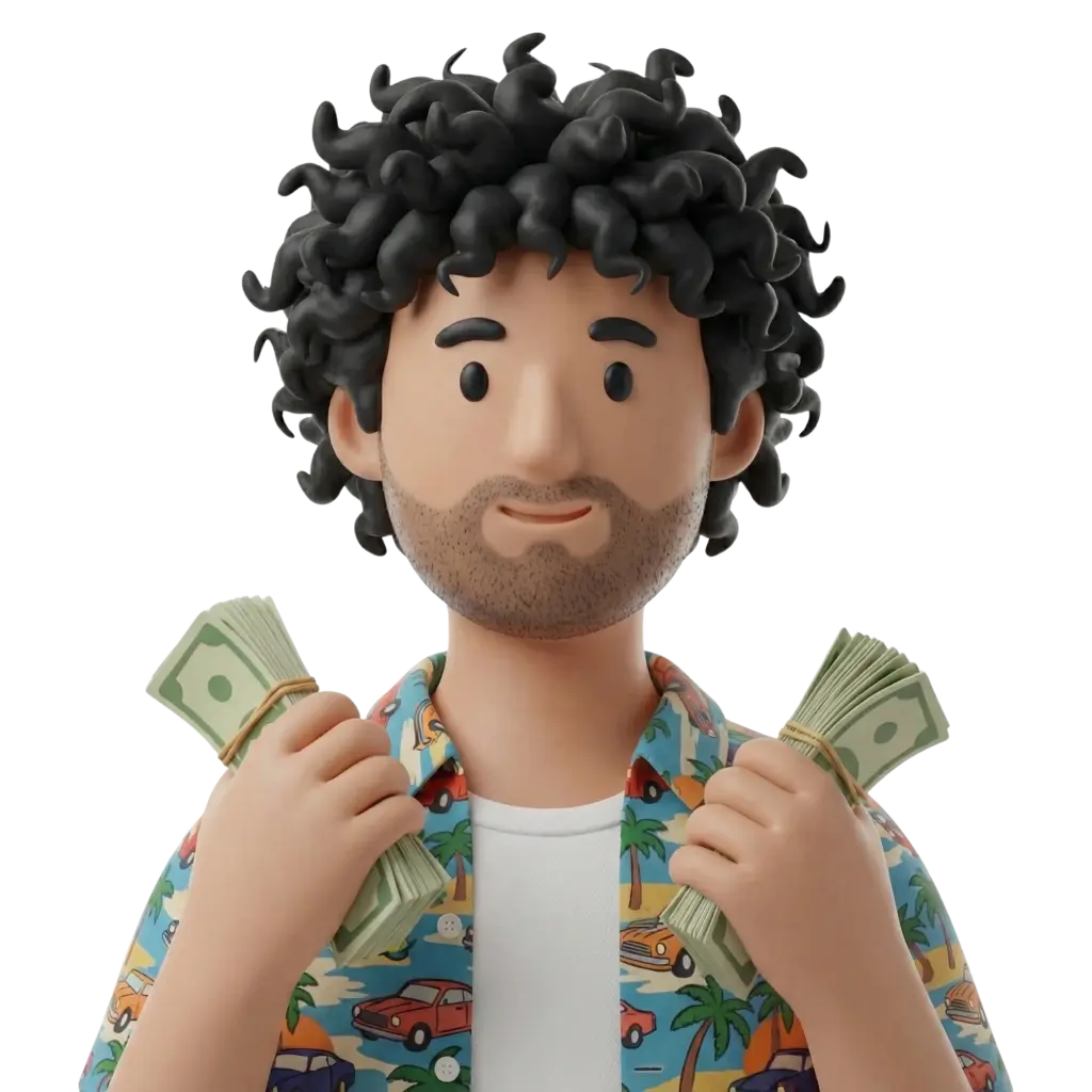 3D portrait bust of a young male freelancer with curly black hair and light stubble, wearing a colorful tropical Hawaiian-style shirt over a white tee, holding stacks of cash in both hands with a slight smile, isolated on a dark/transparent background.