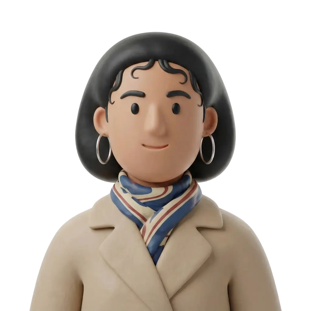 3D portrait bust of a young woman with short black bob hair and curled front strands, wearing a beige coat and a blue-beige-red striped scarf, silver hoop earrings and a subtle smile, frontal pose on a black isolated background.