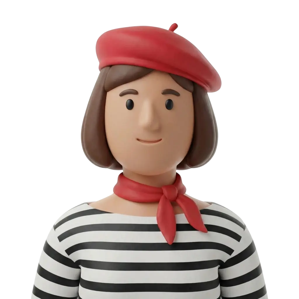 3D portrait bust of a woman wearing a red beret, short brown hair, a red neckerchief, and a black-and-white striped top, smiling with a neutral pose against a transparent background.