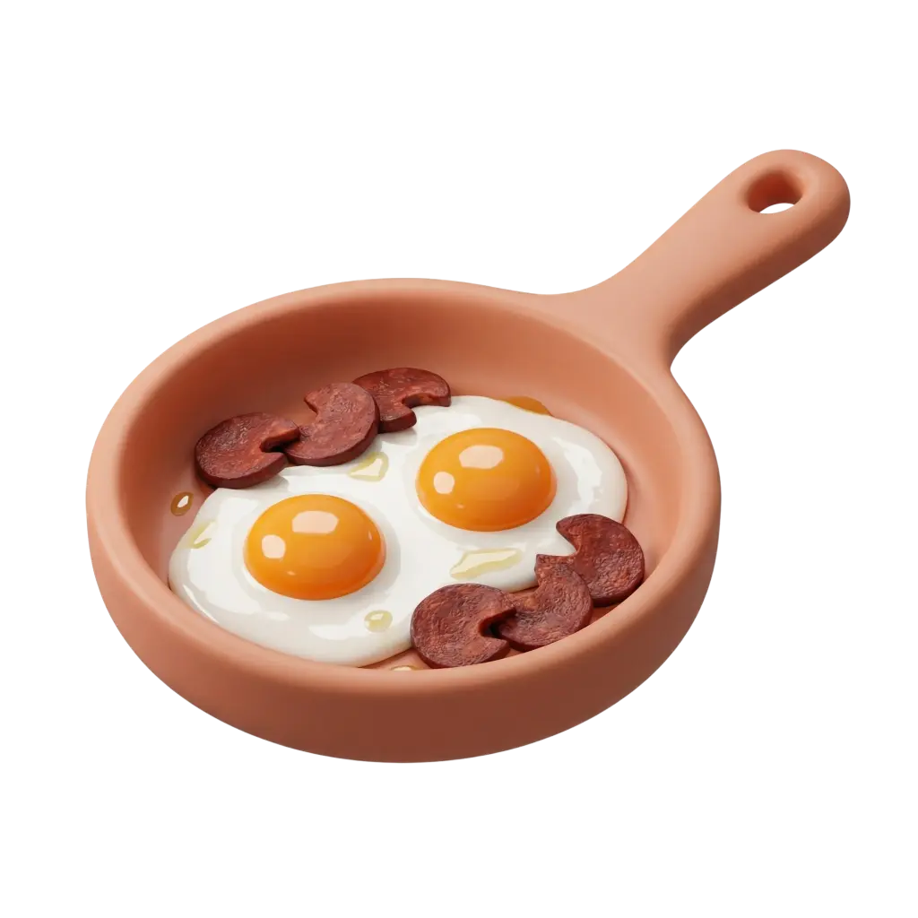 3D render of a peach-colored frying pan containing two sunny-side-up fried eggs with glossy orange yolks, several browned sujuk sausage slices, small oil droplets, on an isolated black background.