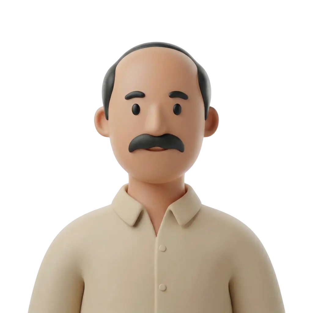 3D portrait bust of a middle-aged male with a balding head and short dark hair at the sides, thick black mustache and eyebrows, wearing a beige collared shirt, neutral friendly expression, facing forward on a solid dark background.