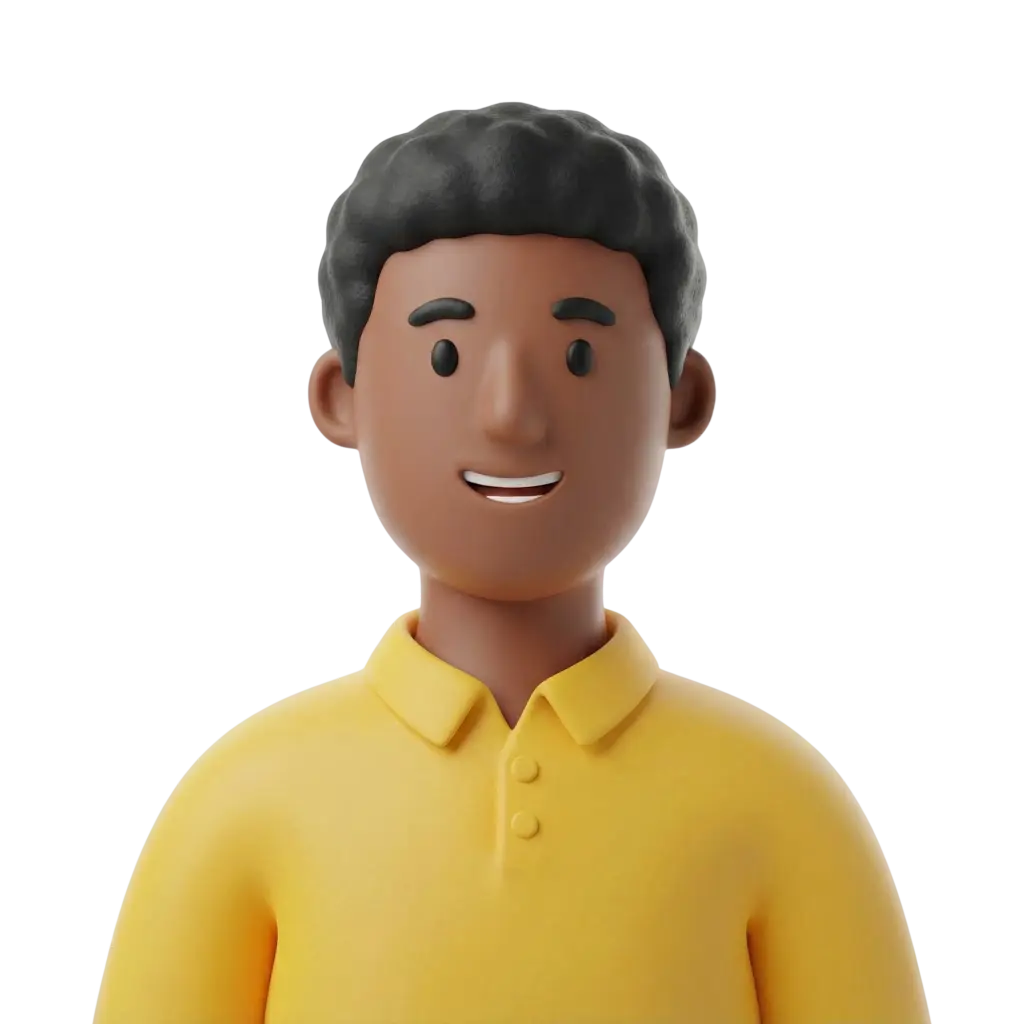 3D portrait bust of a young man with dark brown skin, short curly black hair and thick eyebrows. He wears a yellow polo shirt and smiles with an open mouth against a plain black background.