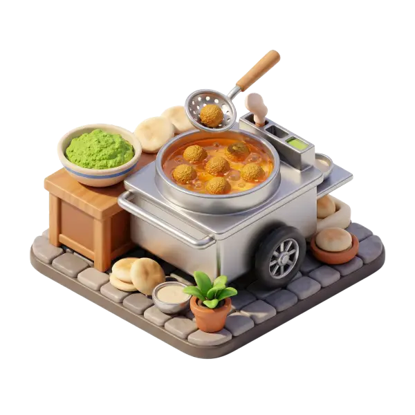 3D render of a street-style ful cart with a glossy stainless-steel pot simmering orange-brown stew with round fritters, metal cart body on wheels, wooden side table holding a ceramic bowl of green dip, pita breads and small bowls on a cobblestone base; isolated on a transparent background.