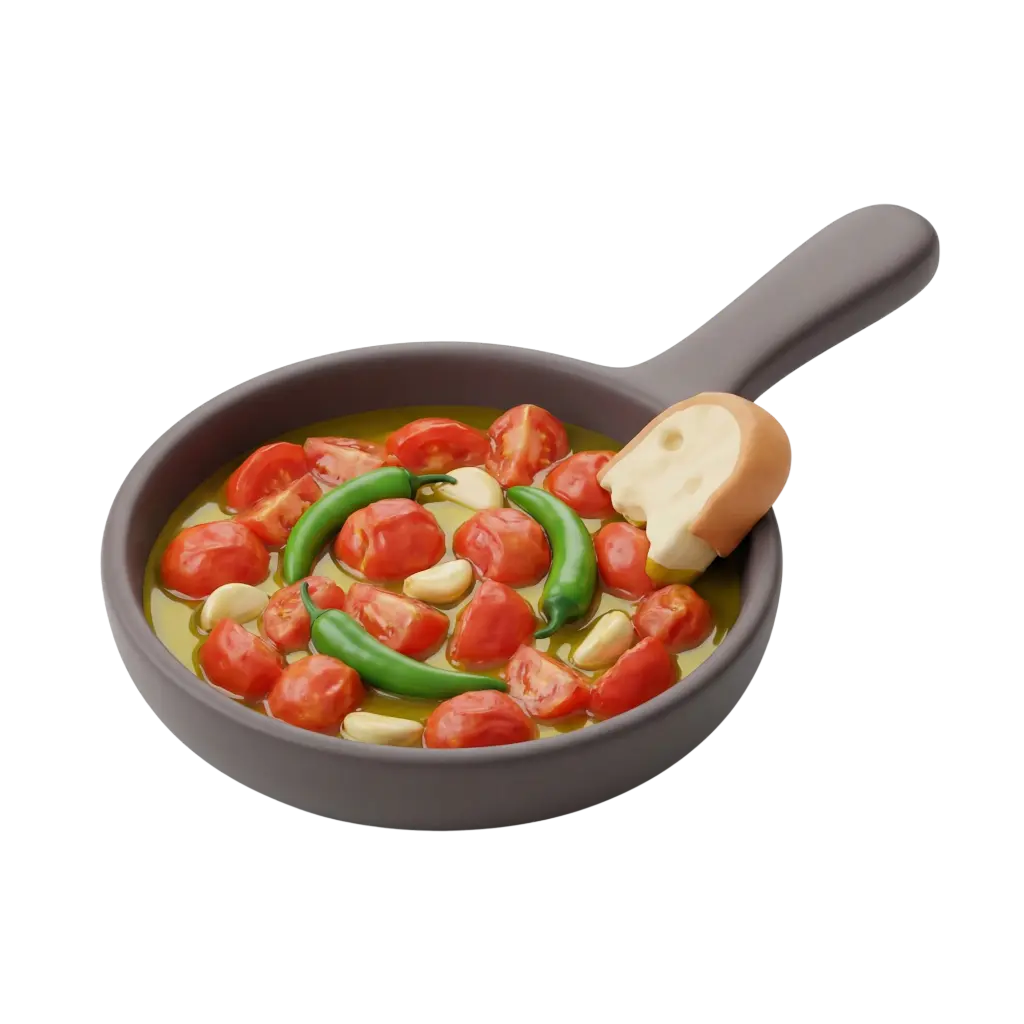 3D render of a tomato skillet in a gray frying pan showing whole and halved red tomatoes, green chili peppers, garlic cloves, a pool of olive oil and a slice of bread on the rim against a dark/transparent background.