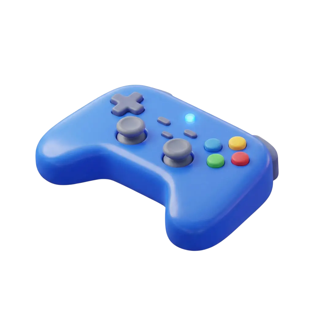 3D render of a glossy blue game controller with ergonomic rounded grips, two grey analog sticks, a grey D-pad, four colorful face buttons (green, red, yellow, blue) and a small blue LED indicator on a black isolated background.