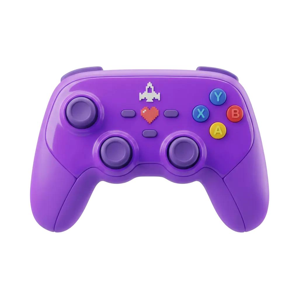 3D render of a purple game controller with a glossy plastic finish, dual analog sticks, colorful A/B/X/Y buttons and pixel-art heart and spaceship decals, isolated on a black background.