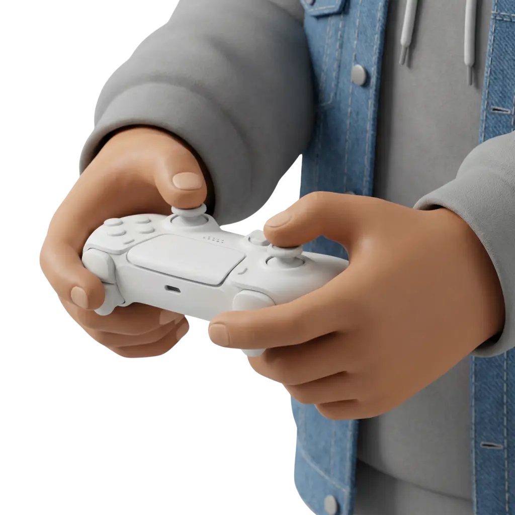 3D render of stylized realistic hands holding a white game controller with a matte plastic finish, visible thumbsticks and buttons; hands show smooth matte skin and short fingernails. Isolated on a transparent background with parts of a hoodie and denim jacket sleeve visible.