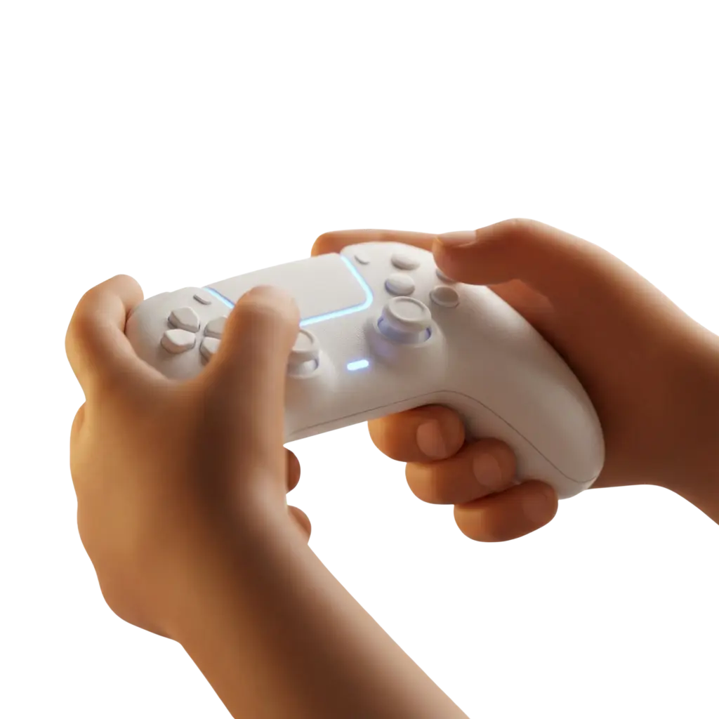 3D render of two realistic hands holding a white game controller with a matte plastic finish, dual analog sticks, D-pad and subtle blue LED accents. Isolated on a transparent background.