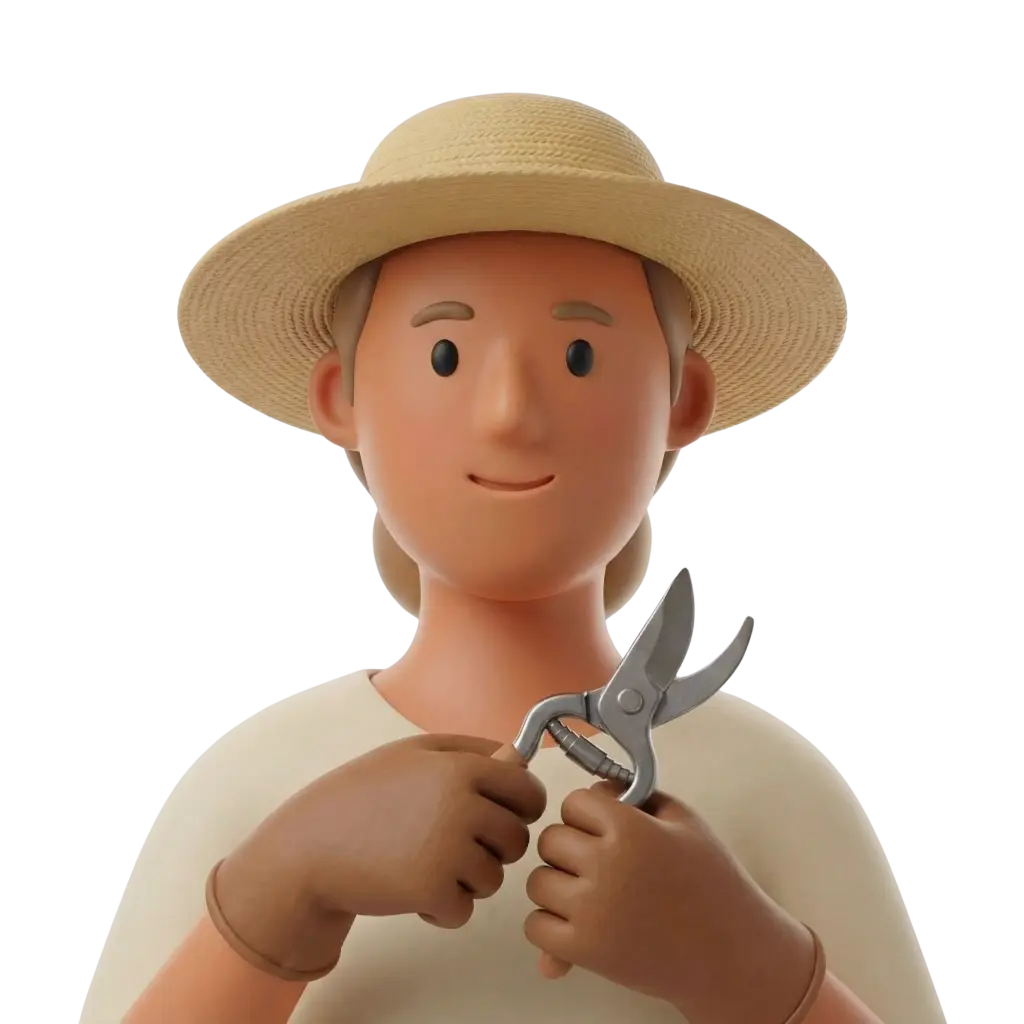 3D portrait bust of a gardener wearing a wide beige straw hat, light cream shirt and brown leather gloves while holding metal pruning shears. Neutral smile, pulled-back hair, and an isolated black background.
