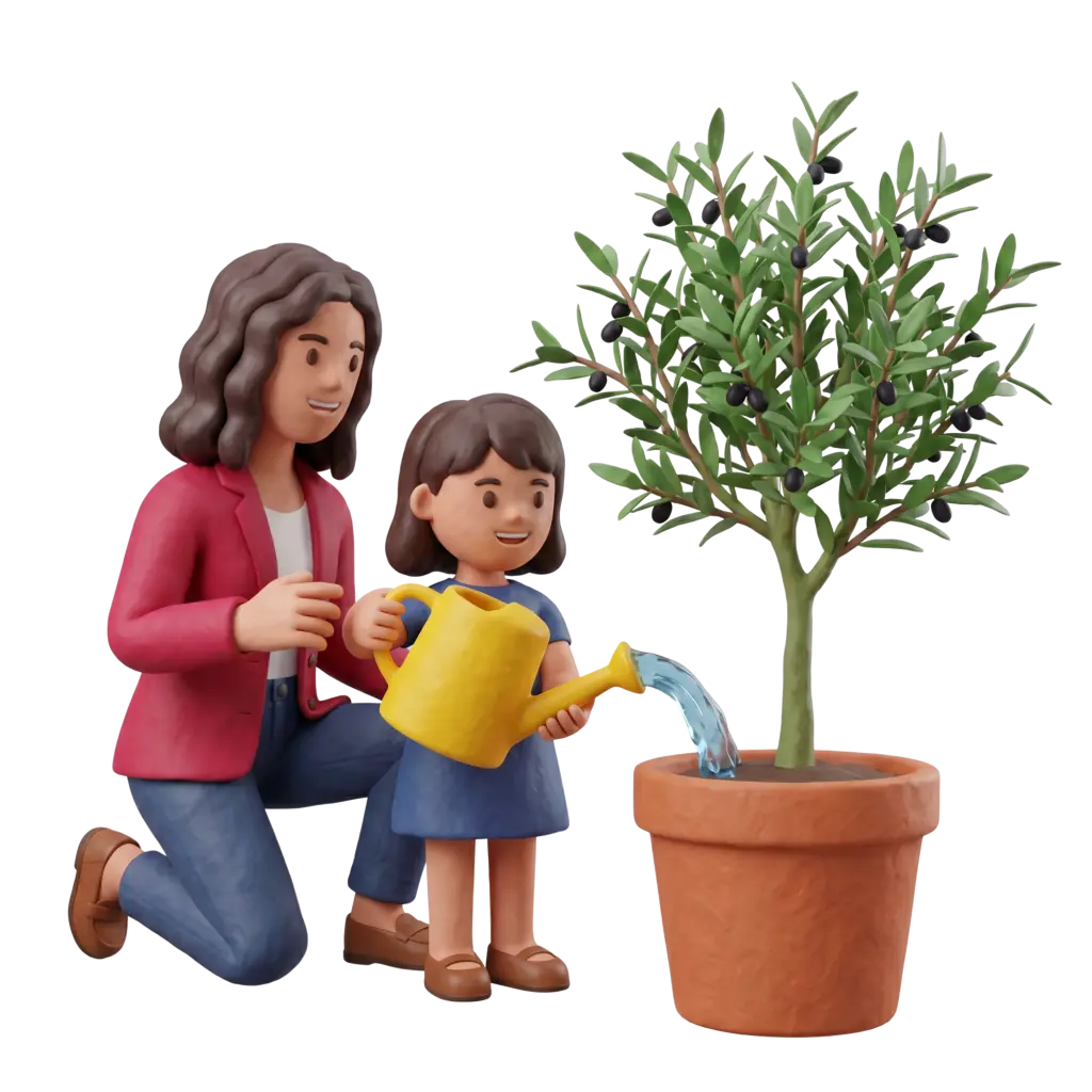 Full-body 3D scene of a mother kneeling beside a child who pours water from a yellow watering can into a terracotta pot holding a small olive tree; the mother wears a red jacket and the child a blue dress. Stylized full-body 3D characters on a transparent background.