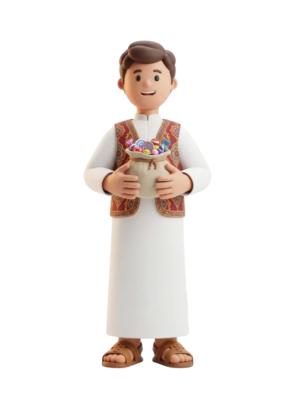 Full-body 3D character of a smiling Arab boy wearing a white thobe and a colorful embroidered vest, brown sandals, short brown hair, holding a cloth bag full of candies and lollipops; friendly, open pose. Isolated render on a transparent background.