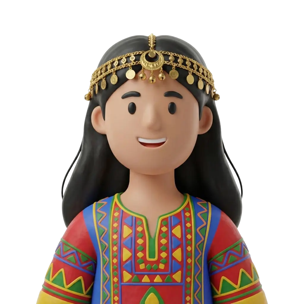 3D portrait bust of a smiling young girl wearing a colorful embroidered traditional dress with geometric patterns, a gold coin headchain and long black hair, posed against a plain black background. Neutral, cheerful expression with isolated render and no props.