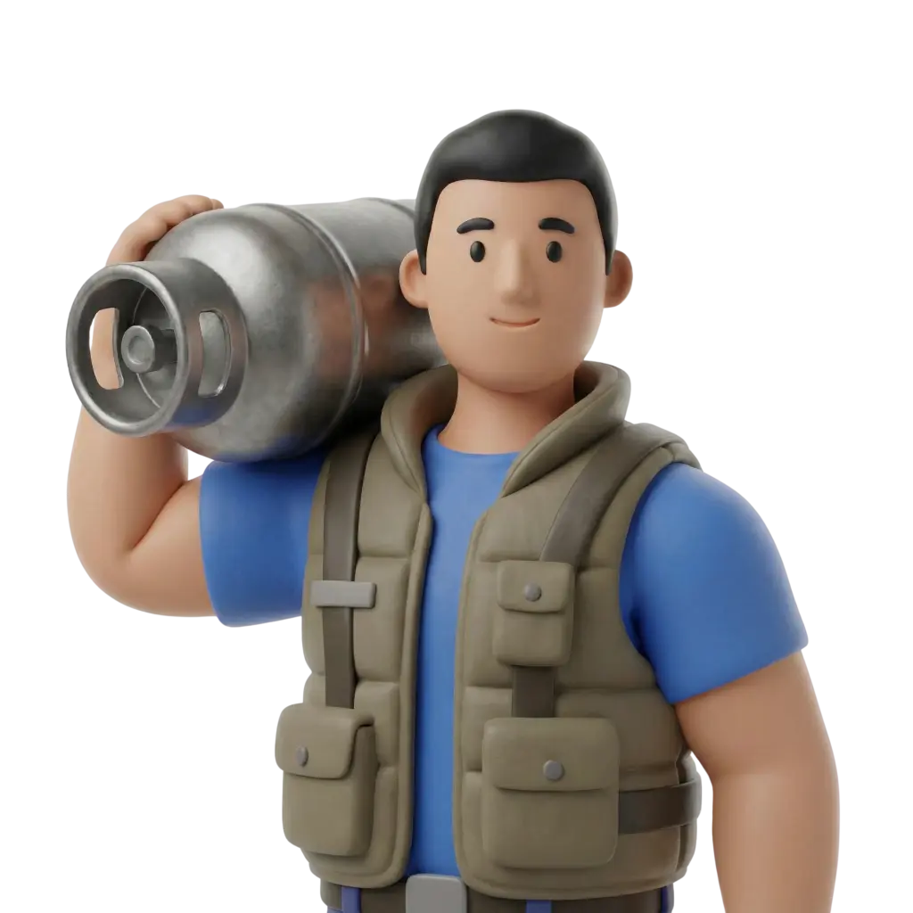 3D portrait bust of a male gas delivery worker carrying a metal gas cylinder on his shoulder, wearing a blue T-shirt and an olive utility vest, short black hair and a neutral smile, isolated on a transparent background.