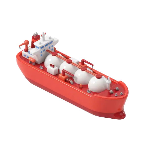 3D render of a stylized gas tanker ship with a glossy red hull and white spherical tanks, featuring small deck structures and piping details; isolated render on a transparent background.