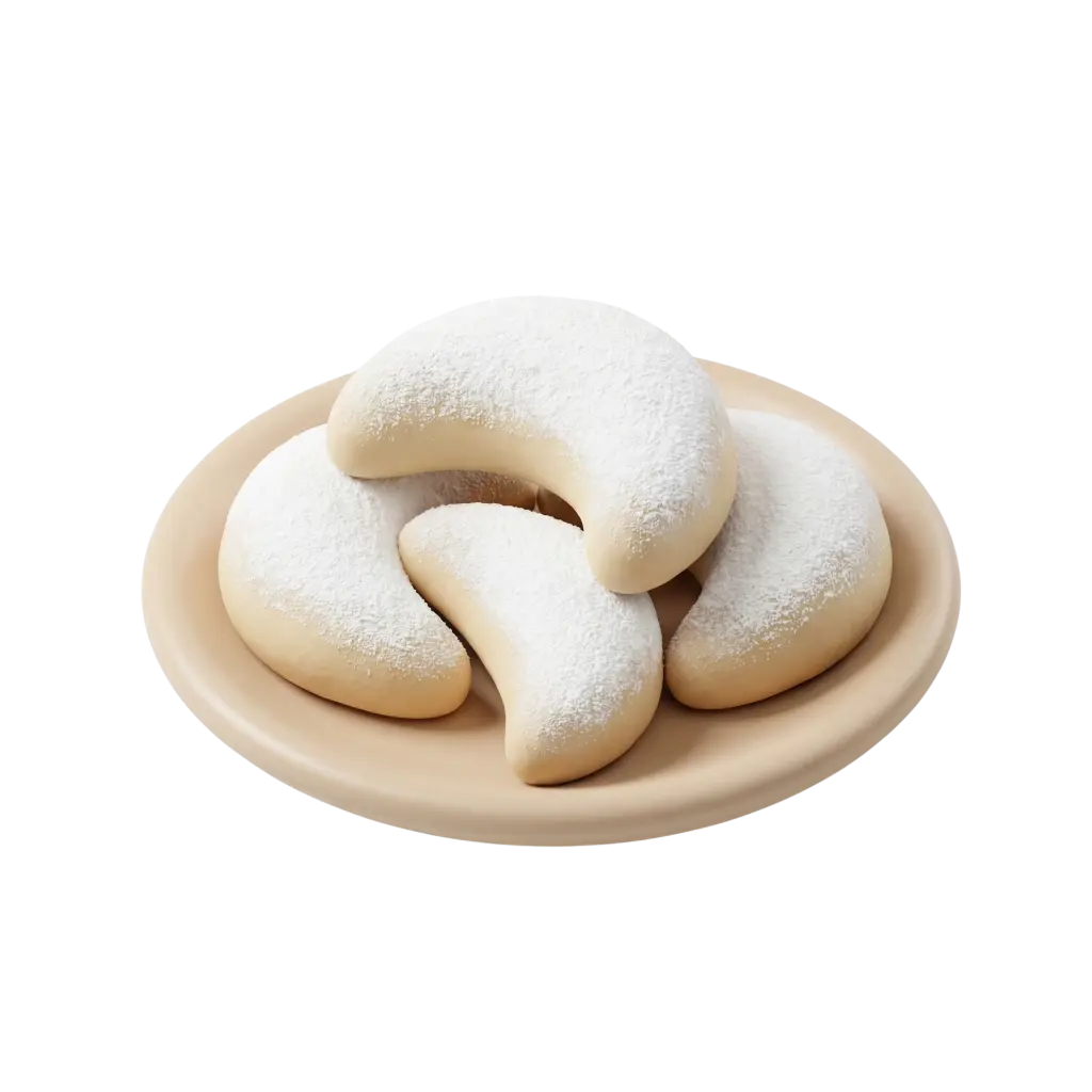 Close-up of crescent-shaped Gazelle Horns cookies dusted with powdered sugar on a beige plate, smooth pale dough texture against a black background.