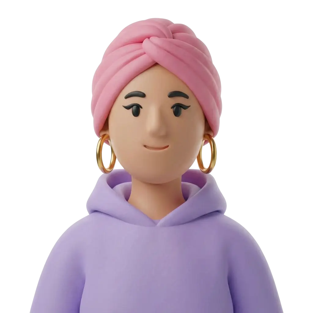 3D portrait bust of a young woman wearing a pink turban headwrap, gold hoop earrings, winged eyeliner and a lavender hoodie, neutral smile and forward-facing pose on a solid black background.