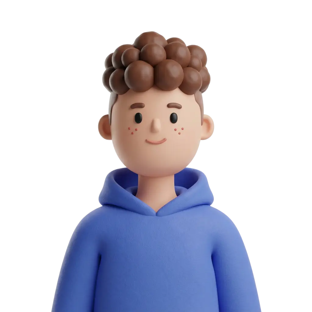 3D portrait bust of a young male with stylized curly brown hair, light freckles and a gentle smile, wearing a blue hoodie. The figure is front-facing, neutral pose, isolated on a dark background with a clean, toy-like material finish.