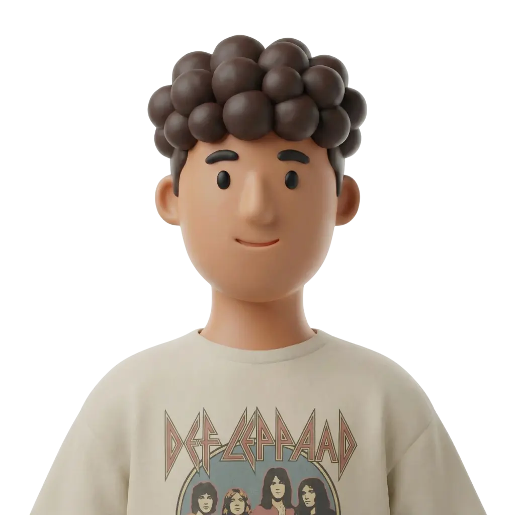 3D portrait bust of a young male Gen Z with stylized dark brown curly hair, simple facial features and a subtle smile; he wears an off-white vintage band t-shirt (Def Leppard print) and is shown against a transparent background.