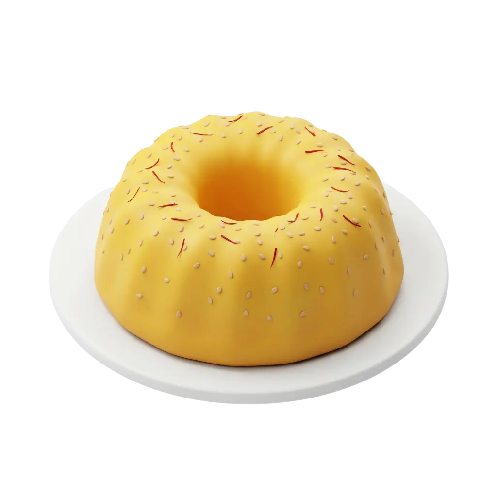 3D render of a ring-shaped yellow glazed cake topped with sesame seeds and thin saffron threads, placed on a white round plate against a black background.