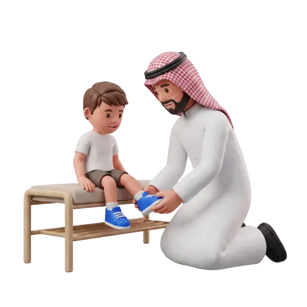 Full-body 3D scene of an Arab father in a white thobe and red-check ghutra kneeling to tie blue sneakers on a seated young boy wearing a white T-shirt and gray shorts on a wooden bench. Isolated render with a clean transparent/black background.