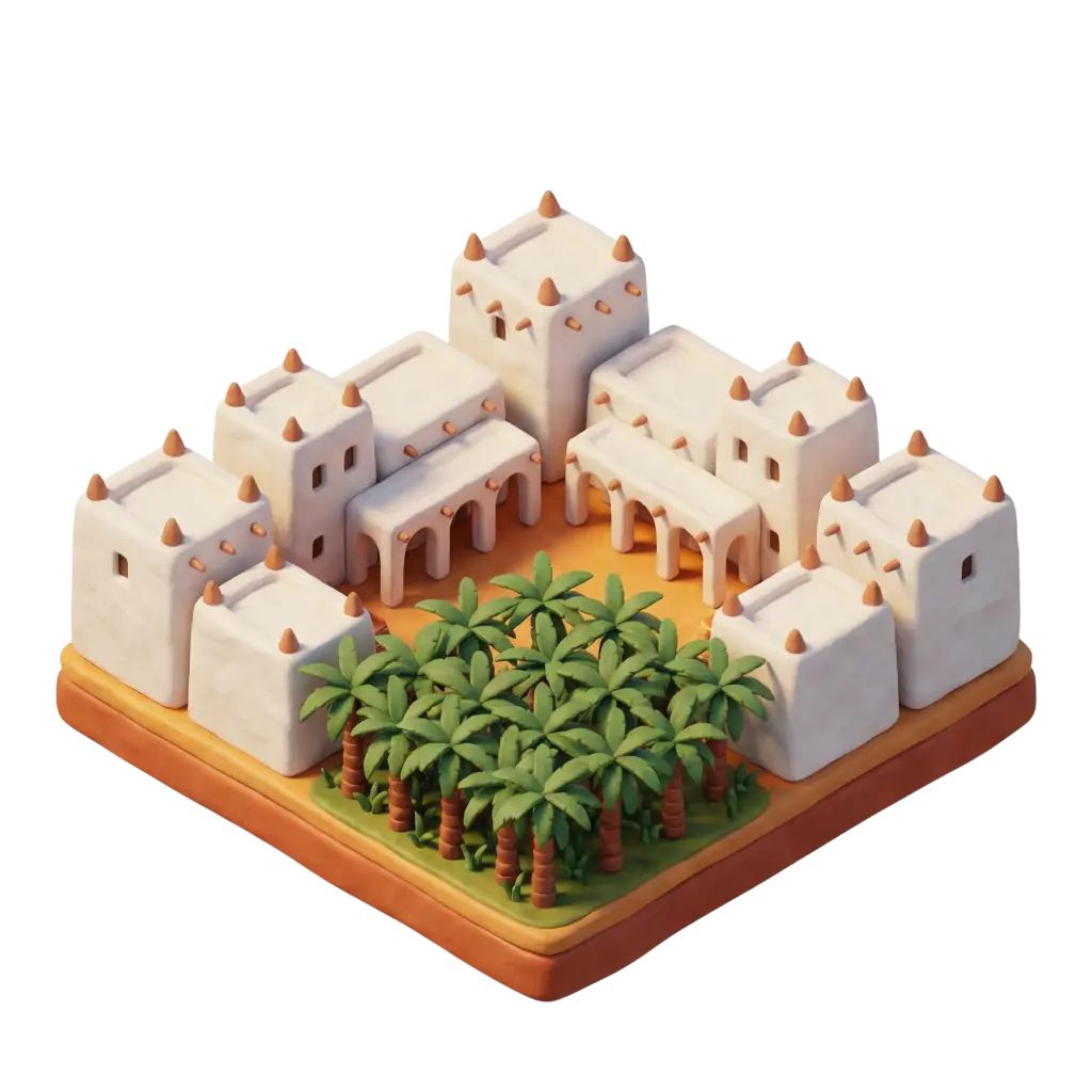 3D clay-style depiction of Ghadames oasis compound with white mudbrick buildings, arched porticoes and conical roof ornaments, a dense palm grove in the courtyard, isometric perspective and warm directional lighting on a dark isolated background.
