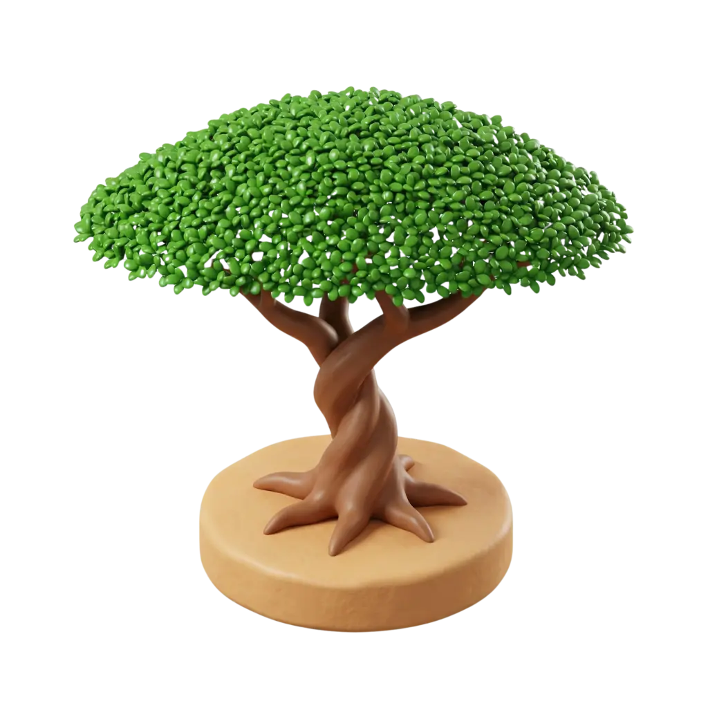 3D render of a stylized Ghaf tree with a wide dense canopy of small glossy green leaves, a smooth twisted matte brown trunk and exposed roots, placed on a round sandy-beige base against a black background.