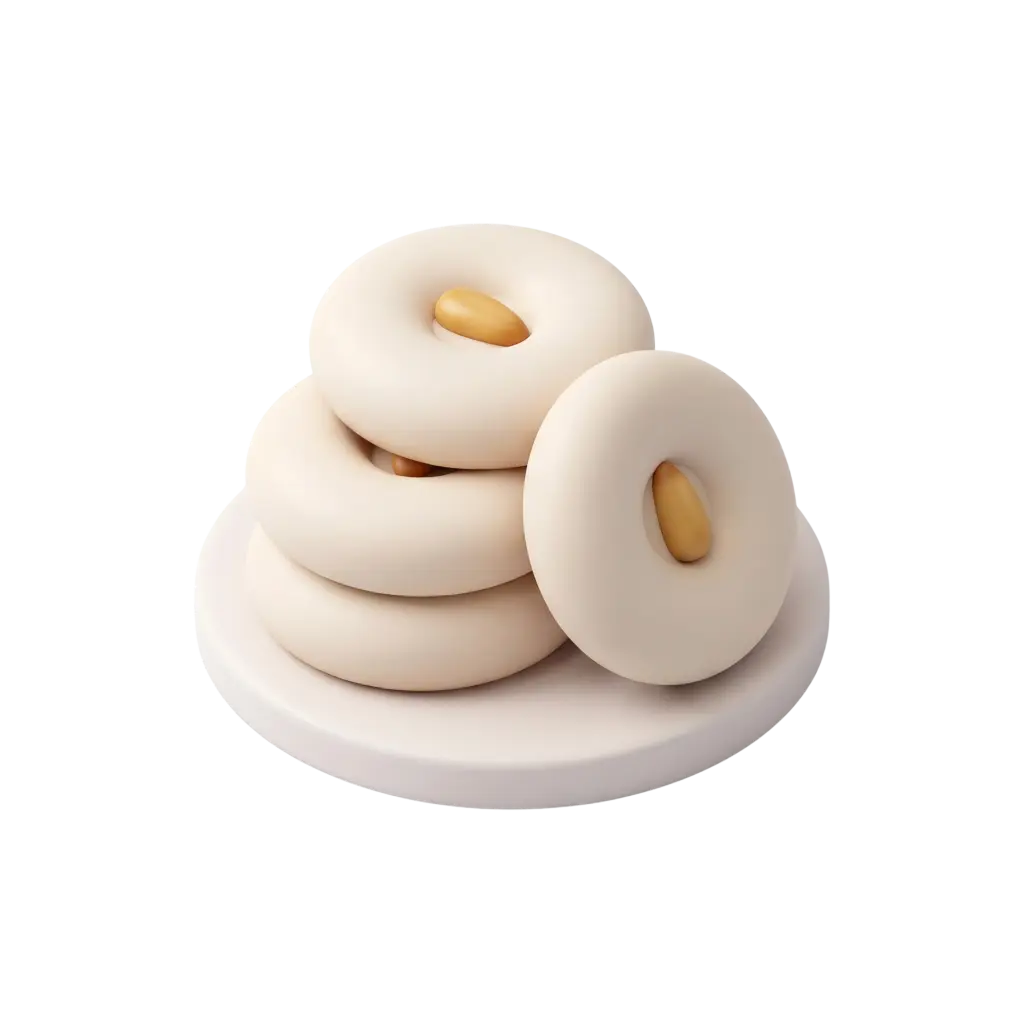 3D render of stacked pale beige ghraybeh butter cookies with a single almond pressed into the center of each, smooth matte texture, arranged on a round white plate against a black background.