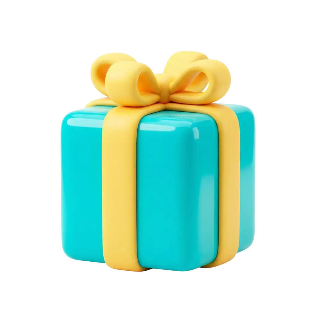 3D render of a rounded-corner turquoise gift box with a matte pastel yellow ribbon and bow, glossy surface and soft highlights, isolated on a black background.