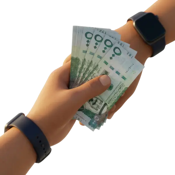 3D render of two stylized hands exchanging a fanned stack of green Saudi riyal banknotes, realistic paper texture and Arabic numerals visible; both wrists wear dark smartwatch bands and the scene is isolated on a transparent background.