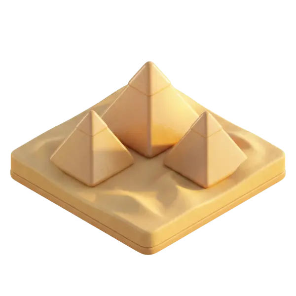 3D render of three stylized pyramids on a square sandy base, warm beige limestone color with a soft matte finish and subtle surface texture, isolated on a transparent background.