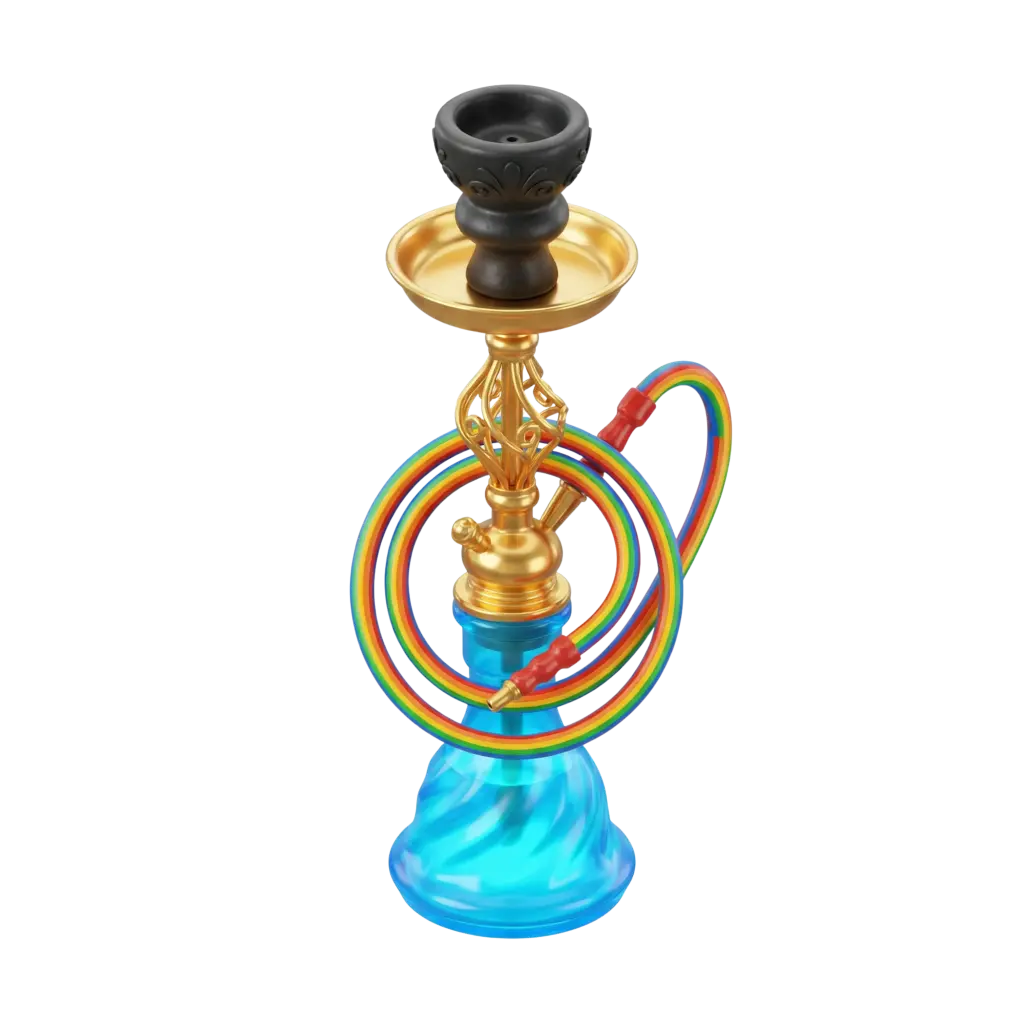 3D render of a glass shisha with a glossy turquoise swirled glass base, ornate gold metal stem, matte black clay bowl and a rainbow-striped hose, isolated on a black background.