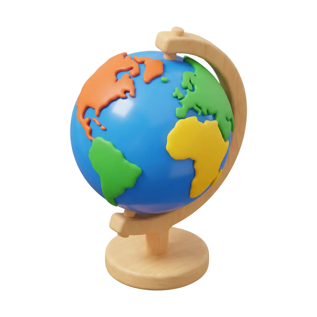 3D render of a colorful glossy globe with simplified raised continents in orange, green and yellow over bright blue oceans, mounted on a smooth wooden stand with a natural matte finish. Isolated on a transparent background.