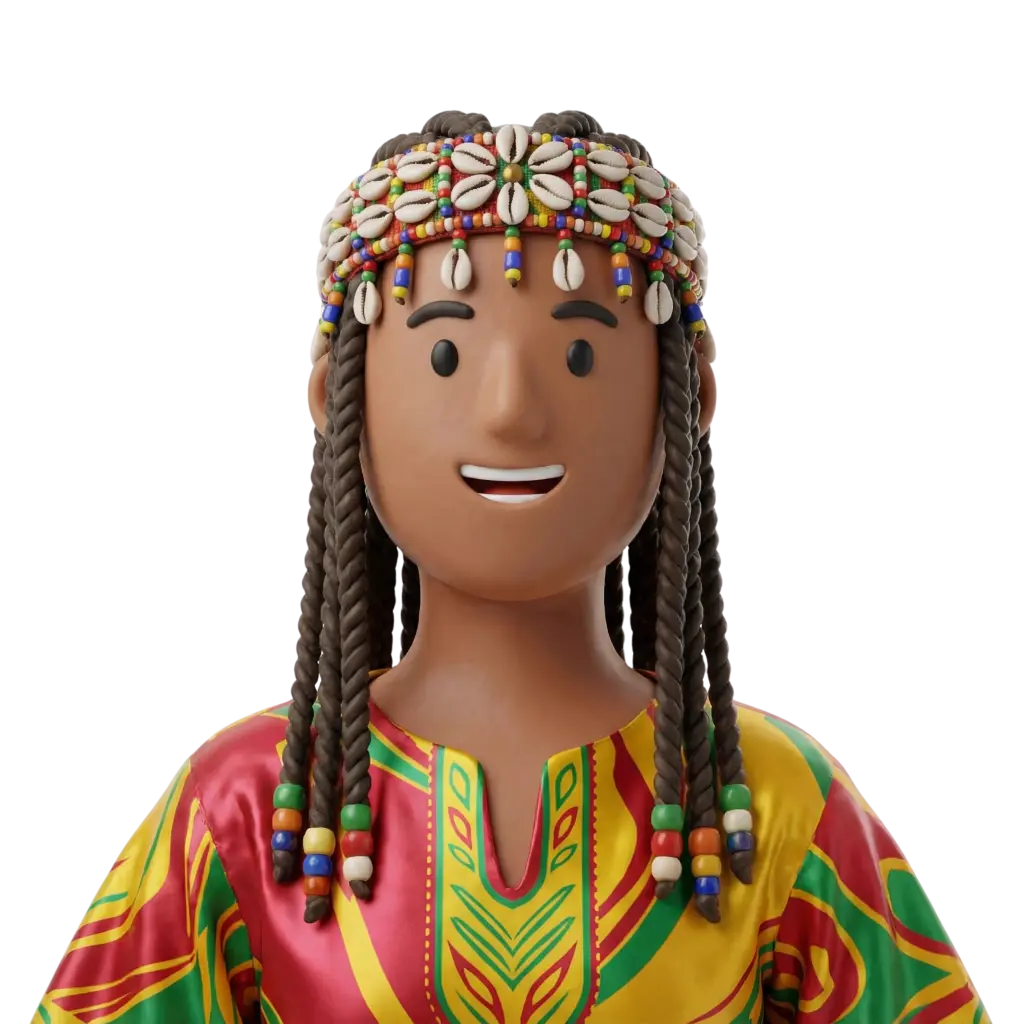 3D portrait bust of a male Gnawa dancer wearing a colorful patterned robe and a beaded cowrie-shell headband, with long braided hair finished with multicolored beads, smiling against a black isolated background. High-detail, isolated render emphasizing traditional accessories and facial expression.