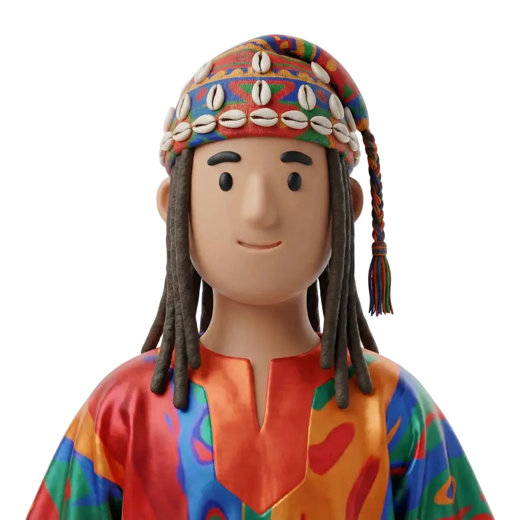 3D portrait bust of a Gnawa musician wearing a colorful patterned headwrap decorated with cowrie shells, long dreadlocked hair, and a multicolored loose tunic; neutral smile, forward-facing pose on a black background.