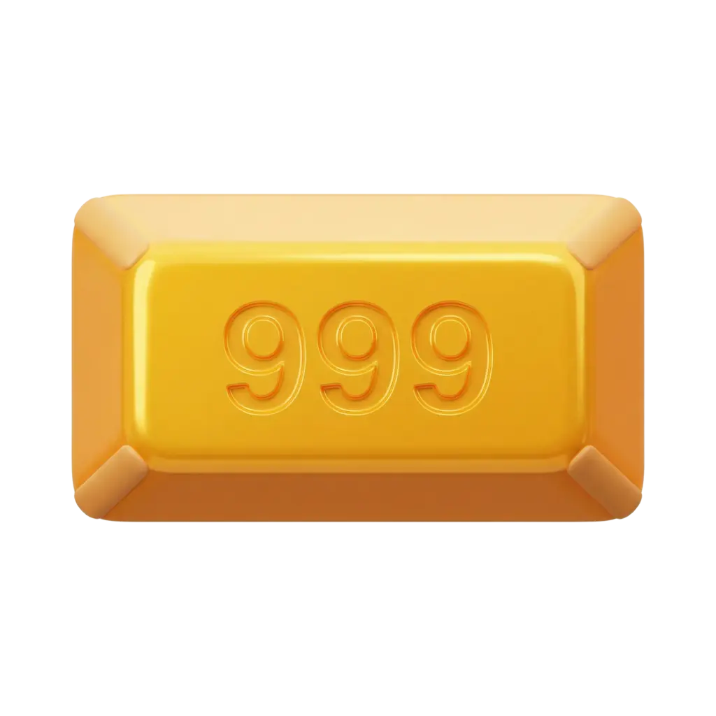 3D render of a rectangular gold bar with rounded edges and beveled corner pads, embossed with "999" on top, glossy metallic finish, isolated on a transparent background.
