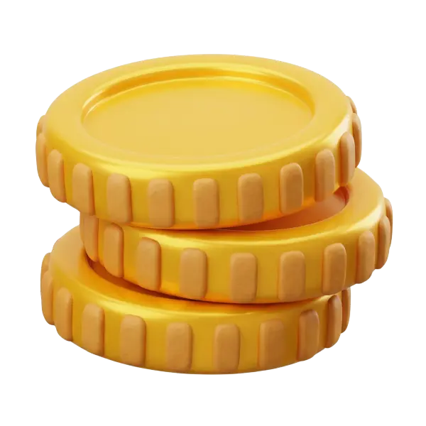 3D render of a stack of three gold coins with rounded ridged edges and a glossy metallic finish, shown as an isolated render on a transparent background.
