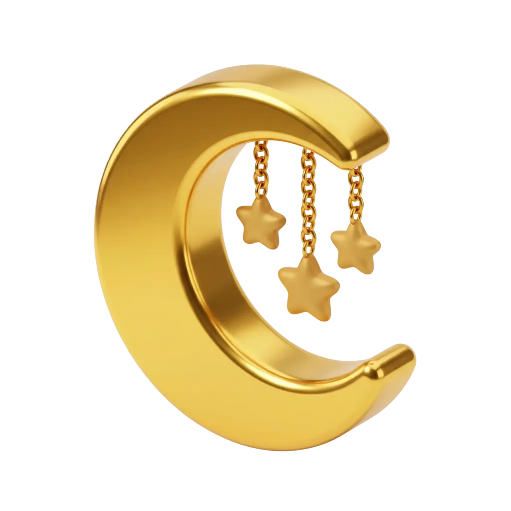 3D render of a glossy metallic gold crescent moon with three small star charms hanging on short chain links; smooth reflective finish and isolated on a transparent background.