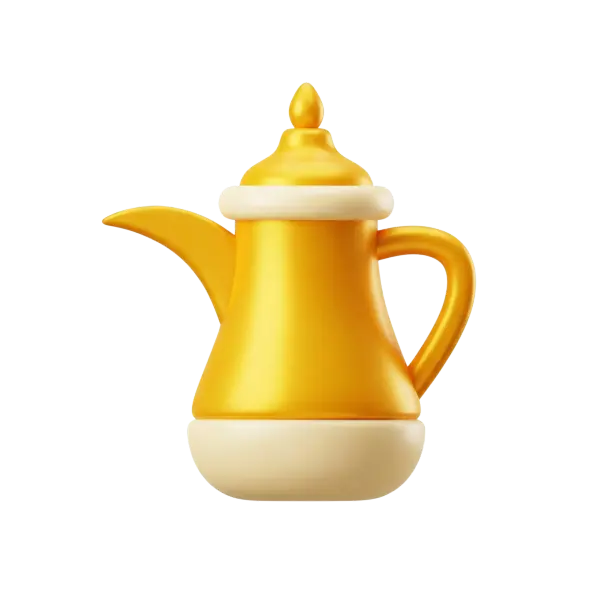 3D render of a stylized gold dallah (Arabic coffee pot) with a smooth glossy metallic finish, cream-colored bands on the lid and base, and a curved spout and handle. Isolated on a transparent background.