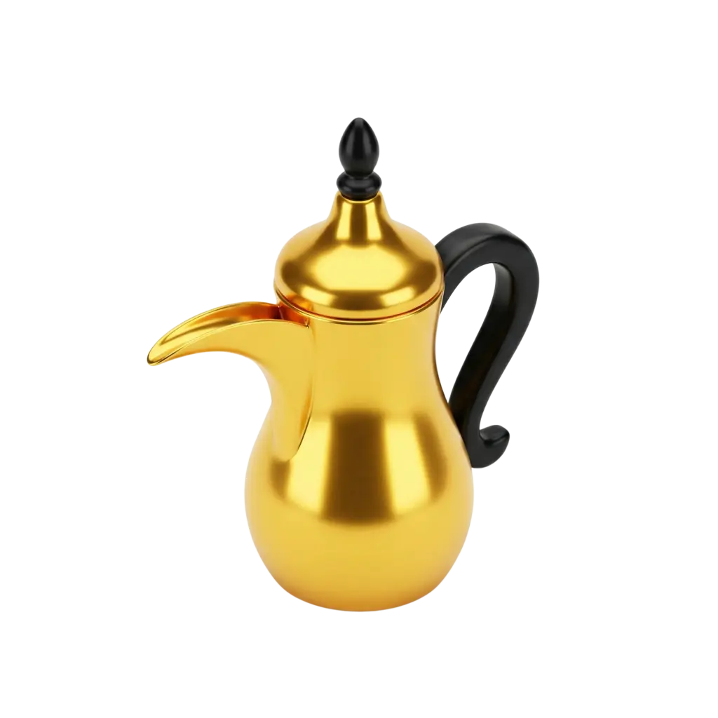 3D render of a traditional gold dallah coffee pot with a glossy metallic finish, featuring a matte black handle and finial, isolated on a black background.