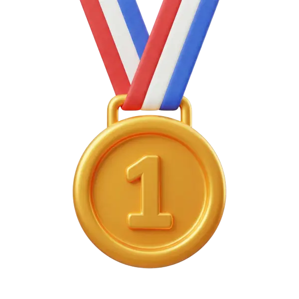 3D render of a glossy gold medal embossed with the number 1, attached to a red-white-blue ribbon and presented on a transparent background.