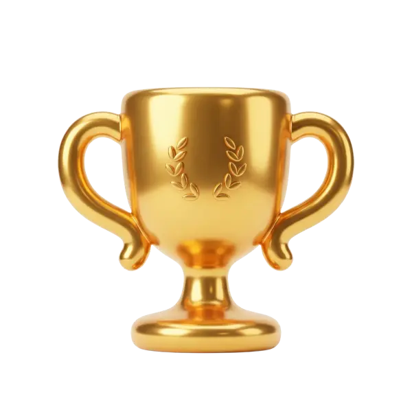 3D render of a gold trophy cup with two curved handles, a laurel wreath embossing on the front, glossy metallic finish and a pedestal base, isolated on a transparent background.