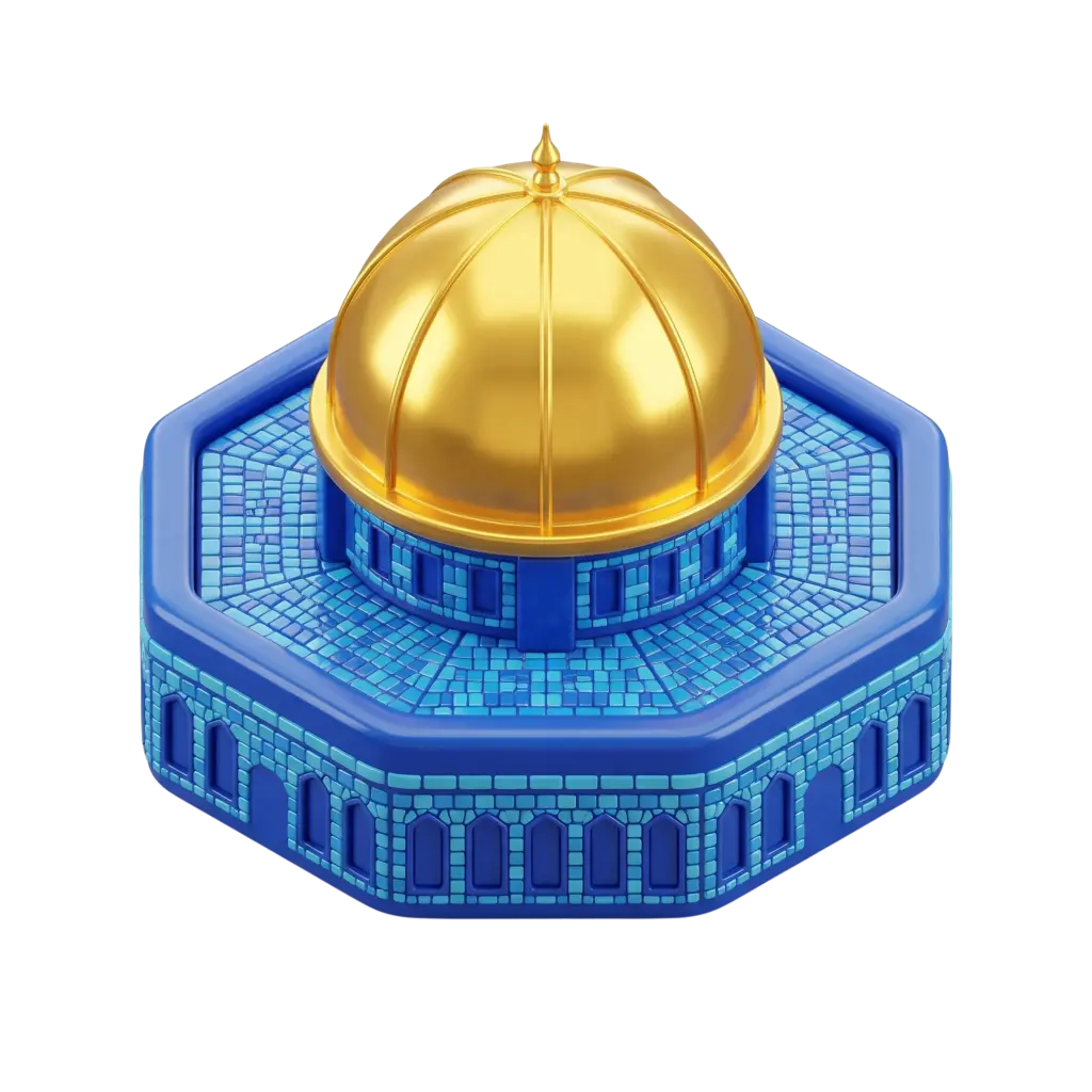 3D render of a glossy metallic golden dome sitting on a blue octagonal tiled base with mosaic patterns and arched window details; reflective gold finish and ceramic-like blue tiles. Isolated on a black background.