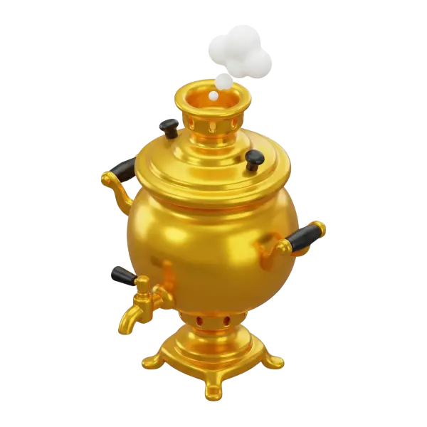 3D render of a glossy gold samovar with black handles and spout, emitting a small cloud of steam, metallic finish on a transparent background.