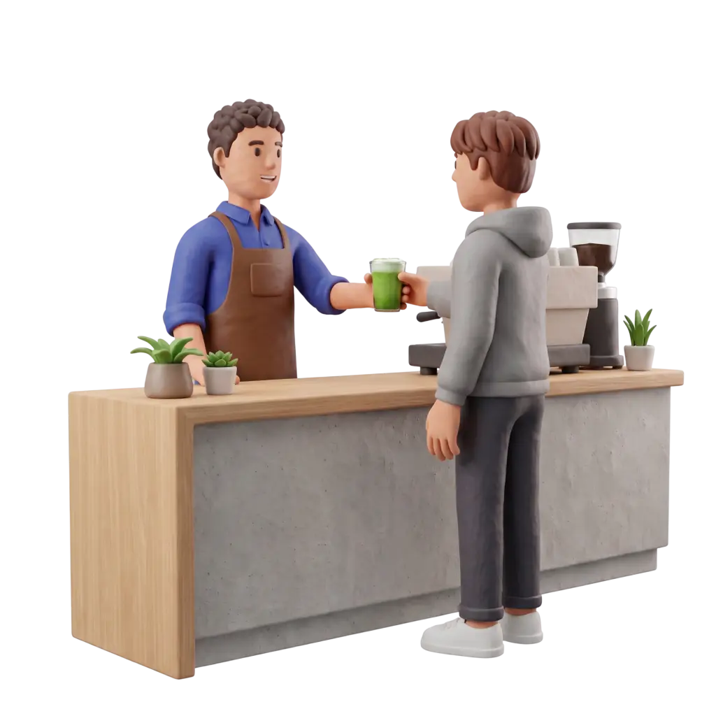 Full-body 3D scene of a male barista in a blue shirt and brown apron handing a green drink to a male customer wearing a grey hoodie across a wooden café counter with small potted plants and an espresso machine in the background on a black background.