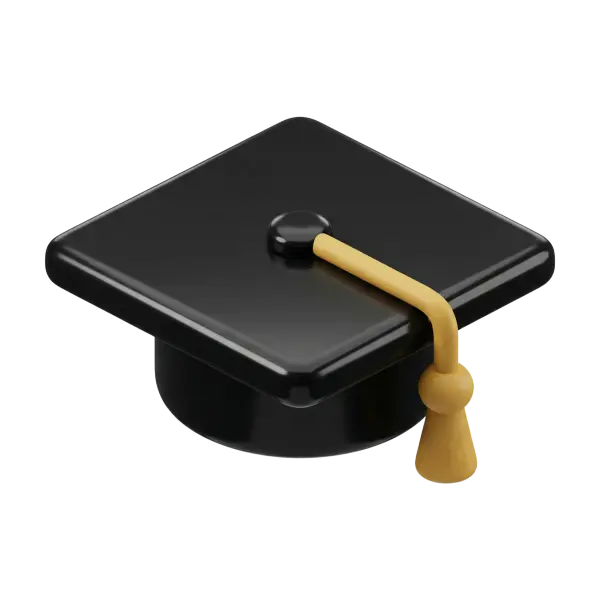 3D render of a glossy black graduation mortarboard with a rounded square top and cylindrical skullcap, featuring a matte gold tassel looped over a central button. Rendered on a solid black background.