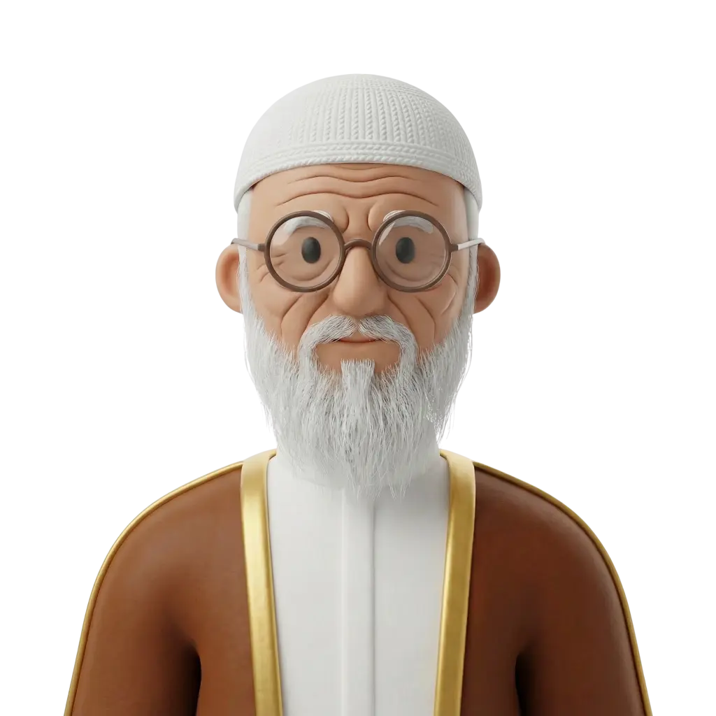 3D portrait bust of an elderly male wearing a white knitted taqiyah, round glasses and a long white beard, dressed in a white thobe with a brown bisht trimmed in gold, neutral expression and black background.