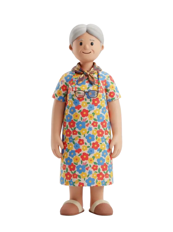 Full-body 3D character of an elderly woman (grandma) wearing a colorful floral dress, a patterned neck scarf, and brown slippers, with short grey hair, a warm smile, and relaxed hands at her sides. She is shown against a dark isolated background.